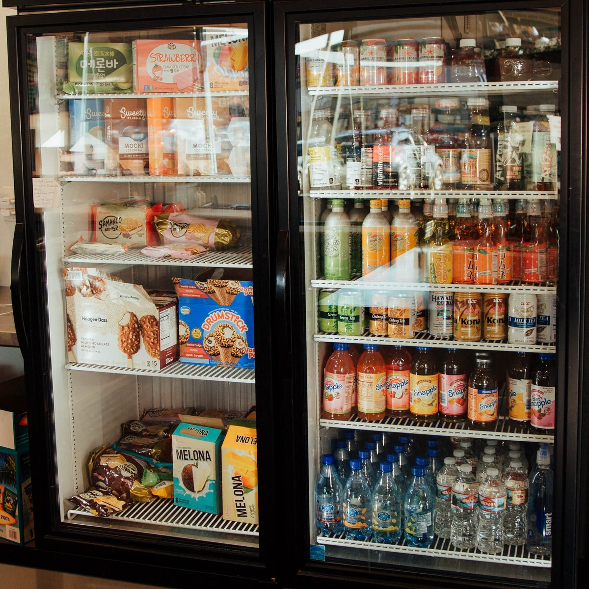 Our cooler of bottled drinks and ice cream
